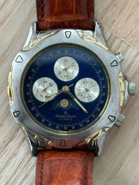 Mathey-Tissot Moon Phase Rare Vintage Men’s Watch Blue Dial Leather Strap